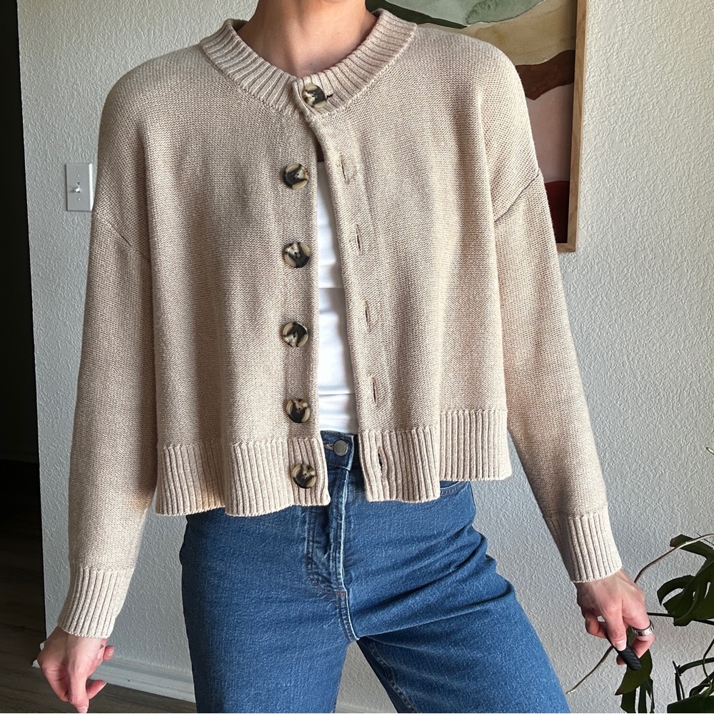 Quince 100% Organic Cotton Tan Button Up Cardigan - Medium